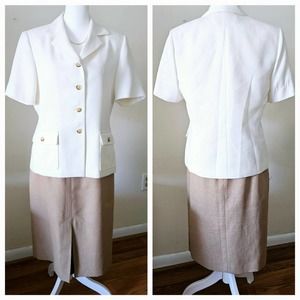 Size 6 Le Suit Cream and Beige 2-Piece Short-sleeved Blazer Skirt Business